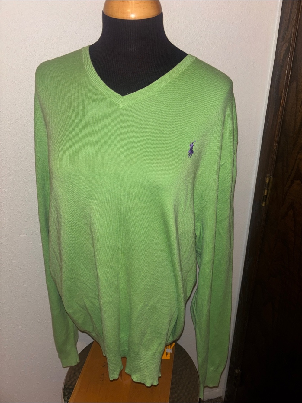 Polo by Ralph Lauren V-Neck Sweater in Lime Green with Purple Pony Size Large